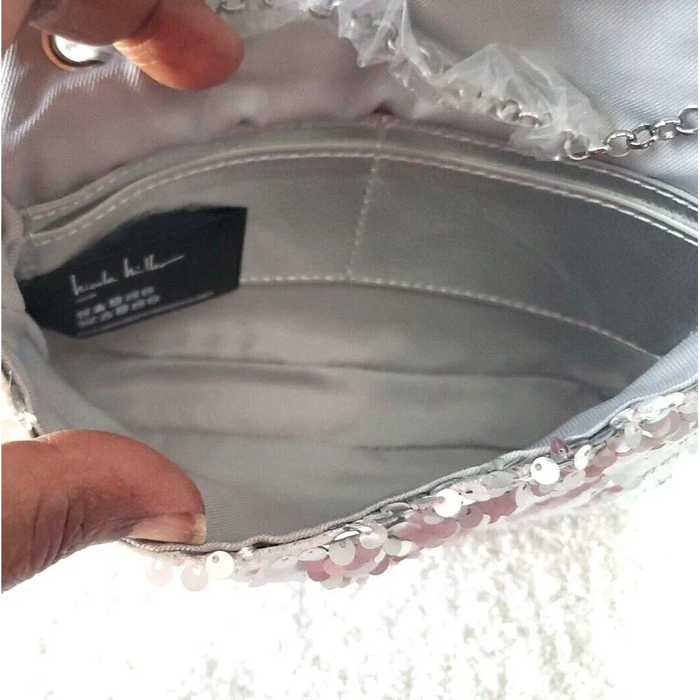 Nicole Miller Small Silver Gray Chain Strap Sequined Dressy Crossbody Bag Purse